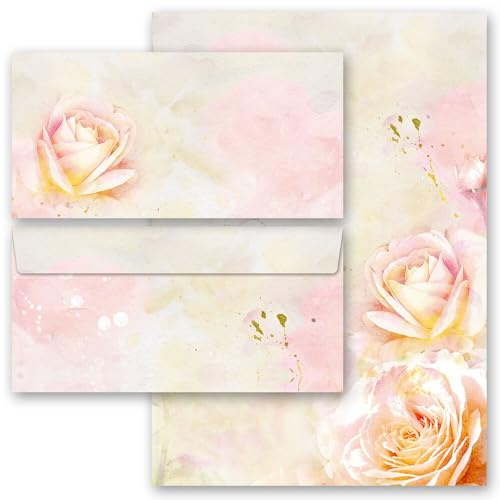 20-pc. Complete Motif Letter Paper-Set Rose Blossoms 10 Sheets of Stationery Paper + 10 Matching envelopes DIN Long windowless