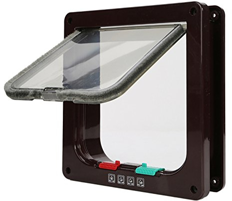 Tkoofn 4 Wege Katzenklappe, Sicherheitsverschluss Magnetverschluss Mit Wetterdichtung, für Katze, Kätzchen, kleinen Hund, Haustier - Mittel Braun