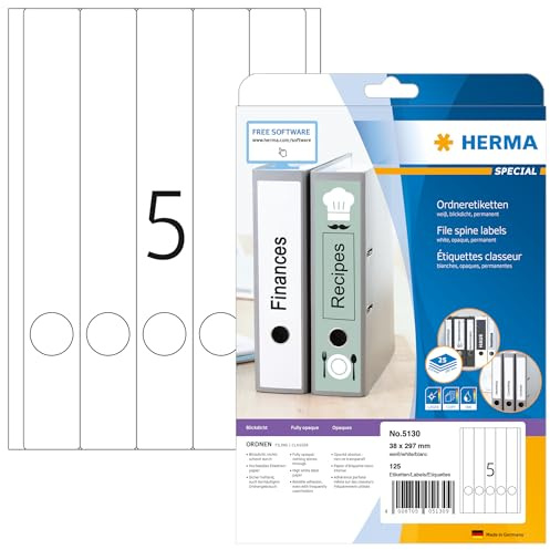 HERMA 5130 mappetiketter A4 ogenomskinlig, smal/lång (38 x 297 mm, 25 ark, papper, matt) självhäftande, utskrivbara, permanenta mappa ryggetiketter, 125 filetiketter, vit