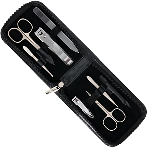 DREI SCHWERTER Germany Nagelpflegeset Nageletui 'Novara' - 8-tlg. aus schwarzem Kunstleder, Inhalt: Nagelschere, Glasnagelfeile, Hautschere, Pinzette, Nagelknipser und vieles mehr!