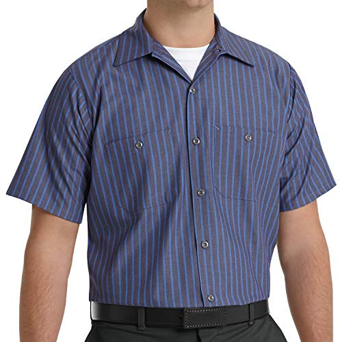 Red Kap mens Striped Industrial With Pencil Stall, Regular Fit, Short Sleeve Work Utility Button Down Shirt, Grey/Blue Stripe, Large US