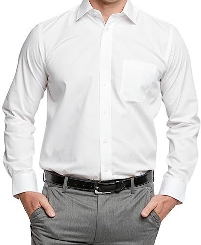 Double TWO Men's Long Sleeve Plain Formal Shirt Non Iron Classic Fit Business Dress Shirt - White, 19in Collar