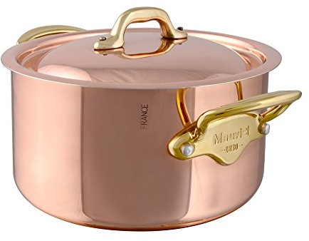 Mauviel M'Heritage 150 B 1.5mm Polished Copper & Stainless Steel Stewpan With Lid, And Brass Handles, 0.9-qt, Made in France