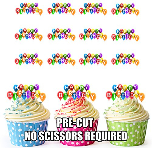 AK Giftshop Colourful Balloon Happy Birthday Cake Decorations - 36 Edible Wafer Cup Cake Toppers
