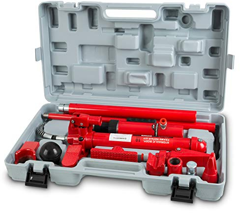 EBERTH 10T Martinetto idraulico per carrozzeria compresa la Valigia (Piede con scasso a V, 7 Pistoni, 3 Estensioni)