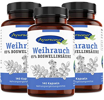 Ayursana Weihrauchkapseln hochdosiert - 420 vegane Kapseln - 800 mg Boswellia Serrata Kapseln (Tagesdosis) - 65% Boswelliasäuren - Für Gelenkschmerzen