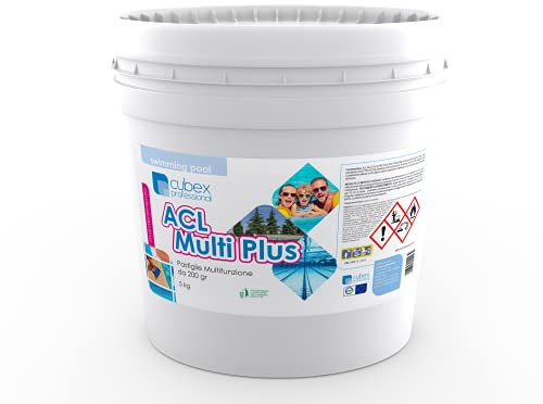 Cubex Professional ACL Multiplus 5 KG – Pastiglie Multifunzione da 200 gr per Pulizia della Piscina a 4 Azioni: Donatore di Cloro, Antialghe, Flocculante e Chiarificante.