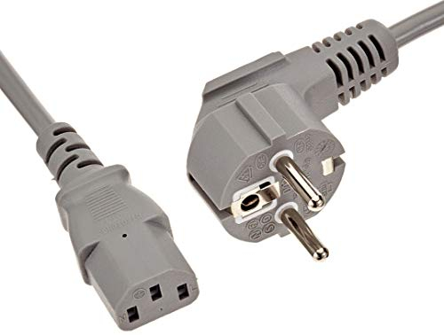 PremiumCord Cable de Alimentación de 230 V, 2 m, con Contacto de Tierra En Ángulo A Conector Hembra C13, IEC 320, Cable de Alimentación para PC de 3 Pines, Color Gris
