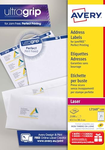 Avery JamFREE, Printable, Address Labels, Customisable, 63.5 x 38. 1 mm, White, 21 Labels per Sheet, 2100 Blank Labels per Pack (L7160-100)