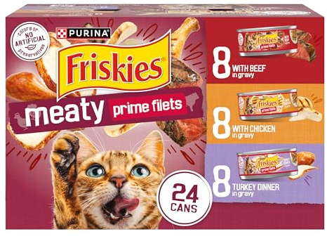 Purina Friskies Gravy Wet Cat Food Variety Pack, Prime Filets Meaty Favorites - (Pack of 24) 5.5 oz. Cans