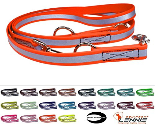 LENNIE Verstellbare BioThane Führleine, Reflex, 19mm breit, 3m lang, Neon-Orange, genäht, Doppelleine
