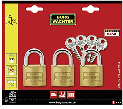 Burg-Wächter BURG-VÄCKT hänglås, 3-pack, 4 nycklar, Trio 222 5 mm Bügelstärke