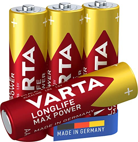 VARTA Longlife Max Power Batterie AA Mignon LR06 (pacco da 4) Batteria alcaline - Made in Germany - Ideali per giocattoli e dispositivi di uso quotidiano