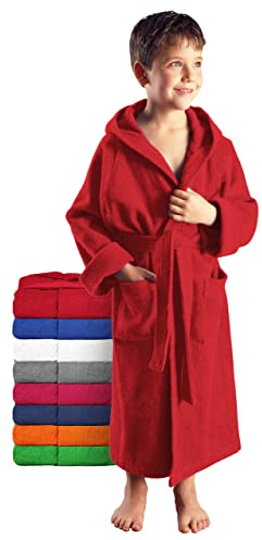 Arus - Peignoir de Baine Enfant, Fille, Garçon et Ado, à Capuche, 100% Coton Tissu Éponge, Couleur : Rouge, Taille: 116
