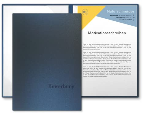 5 Stück 2-teilige Bewerbungsmappen Esclusiva® Classic-plus in Nachtblau mit 1 Klemmschiene // in 1A-Premium-Qualität mit hochwertiger Flach-Prägung „BEWERBUNG“ // Produkt-Design von Mario Lemani