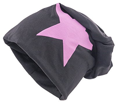 shenky Beanie | Vintage Look | Muster | ausgefallen | für Damen & Männer | lang geschnitten | Komfort | Unisex | Longbeanie | Long Slouch Beanie | dünne Mütze | Schwarz mit pinkem Stern XXL