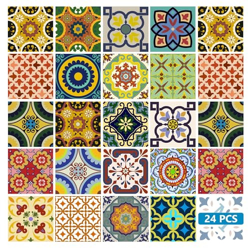 Backsplash Tile Stickers 24 PC Set Traditional Talavera Tiles Stickers Bathroom & Kitchen Tile Decals Easy to Apply Just Peel and Stick Home Decor 4x4 Inch (Backslash Peel and Stick C)
