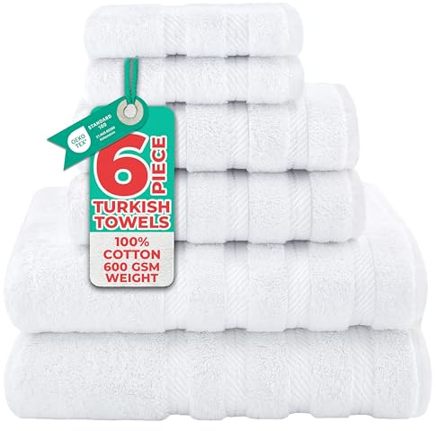 American Soft Linen Luxury 6 Piece Towel Set, 2 Bath Towels 2 Hand Towel 2 Washcloths, 600 GSM 100% Cotton Turkish Towels for Bathroom, White Towel Sets