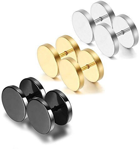 Cupimatch 3Pairs 3mm-12mm Screw Stud Earrings Mens Stainless Steel Cheater Fake Ear Plugs Gauges Illusion Tunnel, Black/Silver/Gold for Father's Day