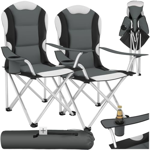 tectake Chaise de Camping Fauteuil Pliable avec Porte-Boisson et Sac de Transport - Rembourrage en Mousse -diverses Couleurs et Tailles au Choix- (Gris (2 pièces)) Ø Cadre: Environ 19 mm