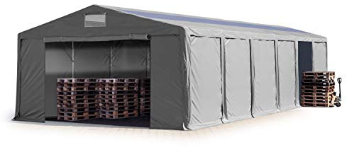 TOOLPORT Lagerzelt Industriezelt 8x12 m Zelthalle mit Oberlicht 3m Seitenhöhe PVC Plane 850 N grau wasserdicht Ganzjahreszelt mit Reißverschlusstor