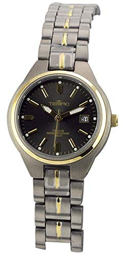 Eurotime Quarz Damen Armbanduhr, Gehäuse und Band aus Titan - superleicht - mit vergoldeten Zwischenteilen, vergoldete Lünette schwarzes Zifferblatt, Leuchtzeiger, mit Datumsanzeige, 60-170001