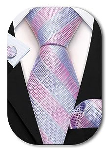 Barry Wang Men's Pink Blue Ties Plaid Check Necktie Cufflinks Handkerchief Formal Business Wedding