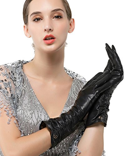 Nappaglo Damen Italienisches Lammfell Leder Handschuhe Winter Warm Langes Fleecefutter Handschuhe (S (Umfang der Handfläche:16.5-17.8cm), Schwarz(Touchscreen))