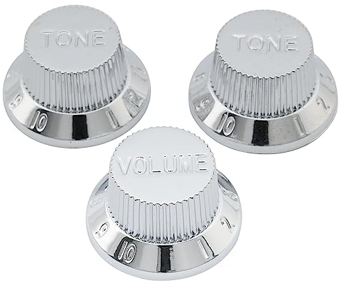 Musiclily Metrisch 6mm Gitarre Potiknopf 1 Volume 2 Tone Control Knobs Set für Fender Strat Squier ST Style E-Gitarre, Chrom(3er Set)