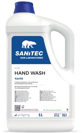 Sanitec, Hand Wash, Sapone Liquido per le Mani Profumato Idratante con Glicerina, Deterge le Mani Lasciandole Fresche e Pulite, pH 5.5, Made in Italy, Dermatologicamente Testato, 5 L