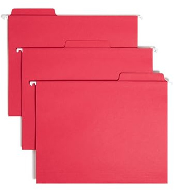 Smead FasTab Hanging File Folder, 1/3-Cut Built-in Tab, Letter Size, Red, 20 Count (64096)