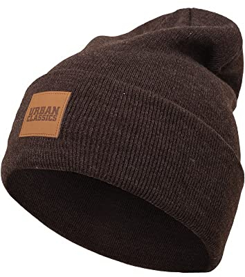 Urban Classics TB626 Unisex Strickmütze Leatherpatch Long Beanie Heatherbrown, One size (Herstellergröße: one size)