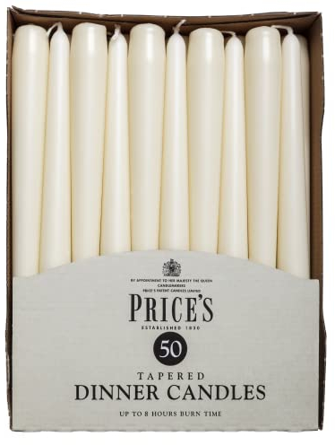 Price's Candles Tapered Dinner Candles Ivory Unscented Wax Pack of 50 | 7 Hour Burn Time Elegant Long Candles for Home Decor, Events, Celebrations & Dining