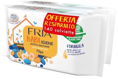 Fria Baby Igiene Salviette per Cambio Pannolino, con Olio di Argan e Nutrimilk ad Effetto Idratante sulla Pelle, Dermatologicamente Testate, Confezione Risparmio da 140 Salviette