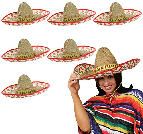 Mexikansk Fiesta Sombrero – paket med 6 – sombrero-hatt med mexikansk Fiesta band – vuxna Mexico Cinco de Mayo maskeradtillbehör