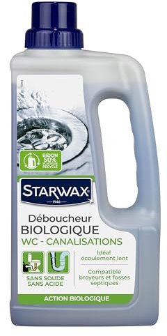 STARWAX - Déboucheur Biologique pour WC et Canalisations - Sans soude - Sans acide - Idéal écoulement lent - Compatible broyeurs et fosses septiques - Fabrication française - Action biologique