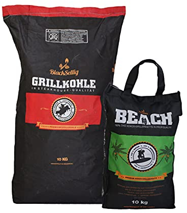 10 kg Beach Coco Briquetas + 10 kg Carne House Carbón de Black sellig – Calidad Profesional perfecta – Reach Registrado