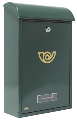 Amig - Buzón Exterior de Pared - Tamaño Compacto para DIN A4 - Apertura Frontal con Cerradura - Acero - Verde - Fácil de Instalar en Puertas o Verjas - 40 x 24 x 8 cm