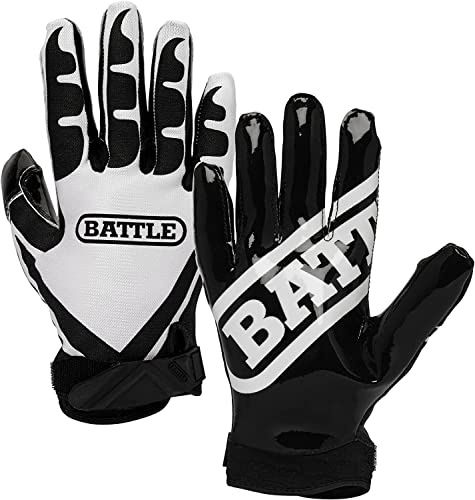 Battle Sports Ultra-Stick Wide Receiver Football Gloves - Adult & Youth Football Gloves - Adult Medium, Black/White