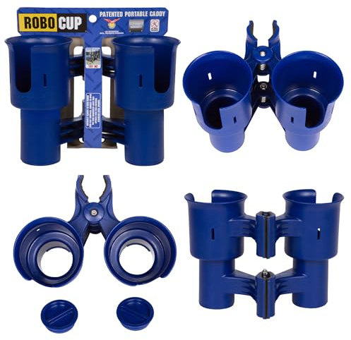 ROBOCUP, (Navy), Patented Boat Cup Holder, Clamp on Portable Storage Caddy Securely Holds 2 Drinks, Fishing Poles, Tools, Marine Gear | Perfect for Boating, Beach Umbrellas, Golf Carts