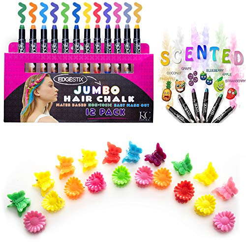 KC Republic Hair Chalk for Kids Jumbo Hair Chalk Sticks Washable Hair Color Temporary Dye for Girls Safe Scented Rainbow Metallic Glitter Hair Birthday Cosplay DIY Halloween Christmas Gift 12 Colors