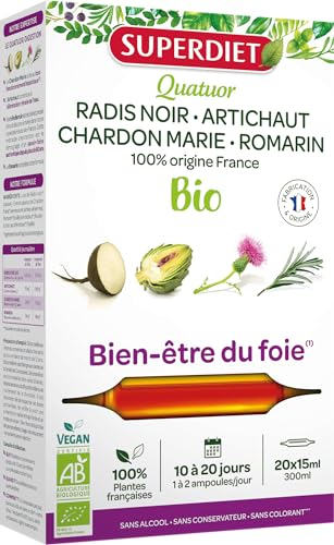 SUPERDIET-QUATUOR DIGESTION BIO-Bien-être du foie -Radis Noir Artichaut Chardon Marie Romarin-Fabrication Française-20 Ampoules de 10ml