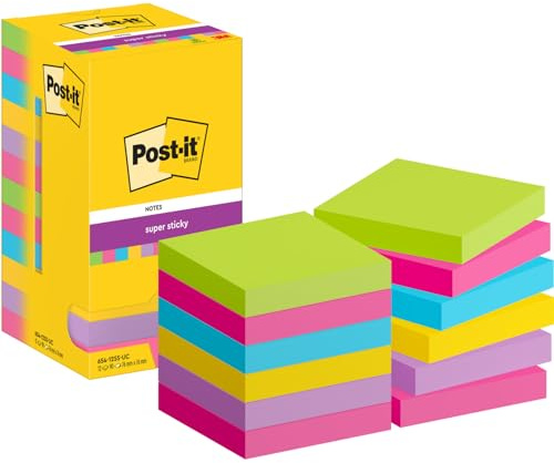 Post-it Notes Autocollantes Super Sticky, Couleurs Assorties, Pack de 12 Blocs, 90 Feuilles par Bloc, 76 mm x 76 mm - Feuillets Super Adhésifs pour Prise de Notes, Listes de Tâches et Rappels
