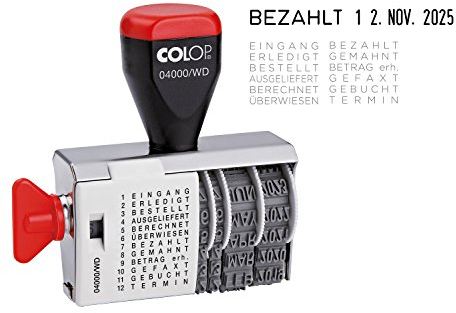 COLOP 04000 WD Wortband-Datumstempel, Datum deutsch, Wortband beinhaltet Wörter wie Eingang, Erledigt, Bezahlt, Gebucht, etc.