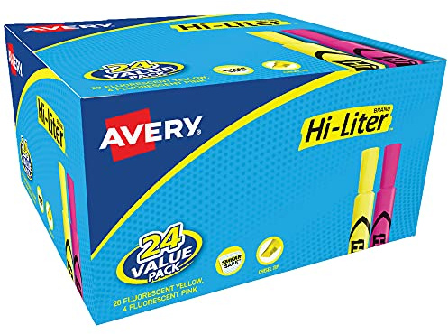Avery Hi-Liter, Desk Style, Chisel Tip, 24 Pink and Yellow Highlighters (98189)