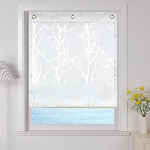 ESLIR Raffrollo mit U-Haken Gardinen Küche Raffgardinen Halbtransparent Ösenrollo Vorhänge Modern Ausbrenner Weiß #2 BxH 80x140cm 1 Stück