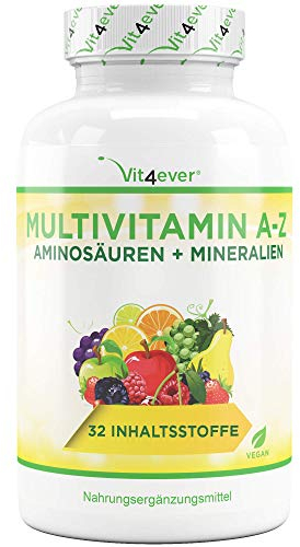 Multivitamin A-Z - 365 Tabletten (12 Monate) - 32 aktive Inhaltsstoffe - Kombination aus Mineralien + Aminosäuren + Spurenelementen + Pflanzenextrakten - Vegan - Hochdosiert