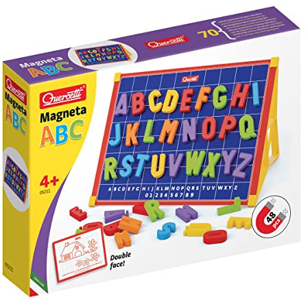 Quercetti Magneta ABC Lavagna Magnetica per Bambini 4-8 Anni con Lettere Magnetiche per Bambini, Lavagna Cancellabile Double Face con Piedini, Giochi Educativi, Made in Italy