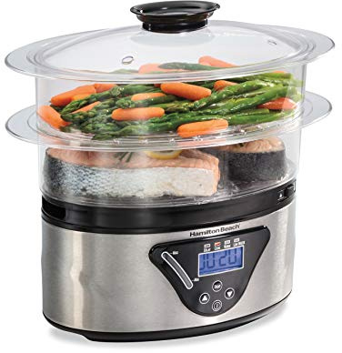 Hamilton Beach Digital Electric Food Steamer & Rice Cooker for Quick, Healthy Cooking for Vegetables and Seafood, Stackable Two-Tier Bowls, 5.5 Quart, Black & Stainless Steel
