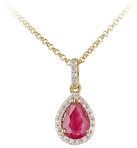 Naava Women's 18 ct Yellow Gold Ruby and Diamond Teardrop Pendant Necklace of Length 40 cm